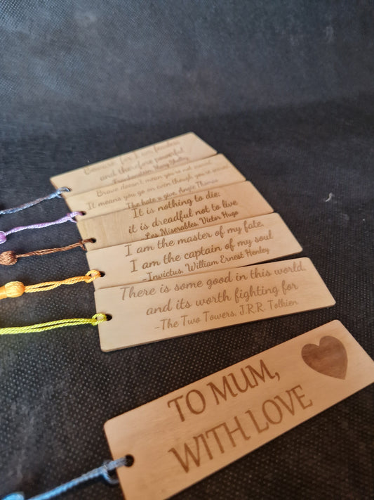 Handcrafted wooden bookmark with personalized laser engraved name and decorative design