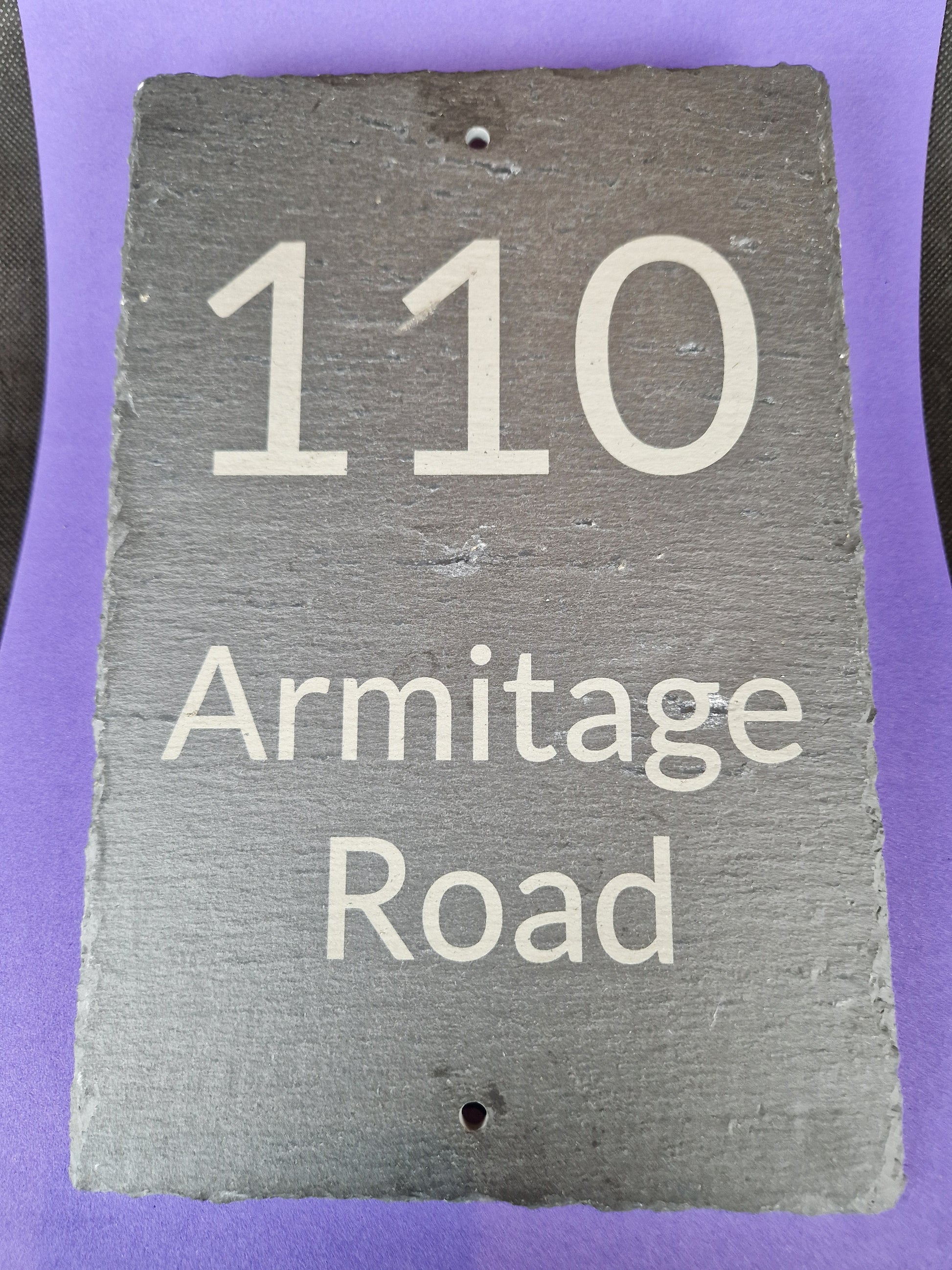 Black slate A4 house sign with custom laser engraved family name and house number