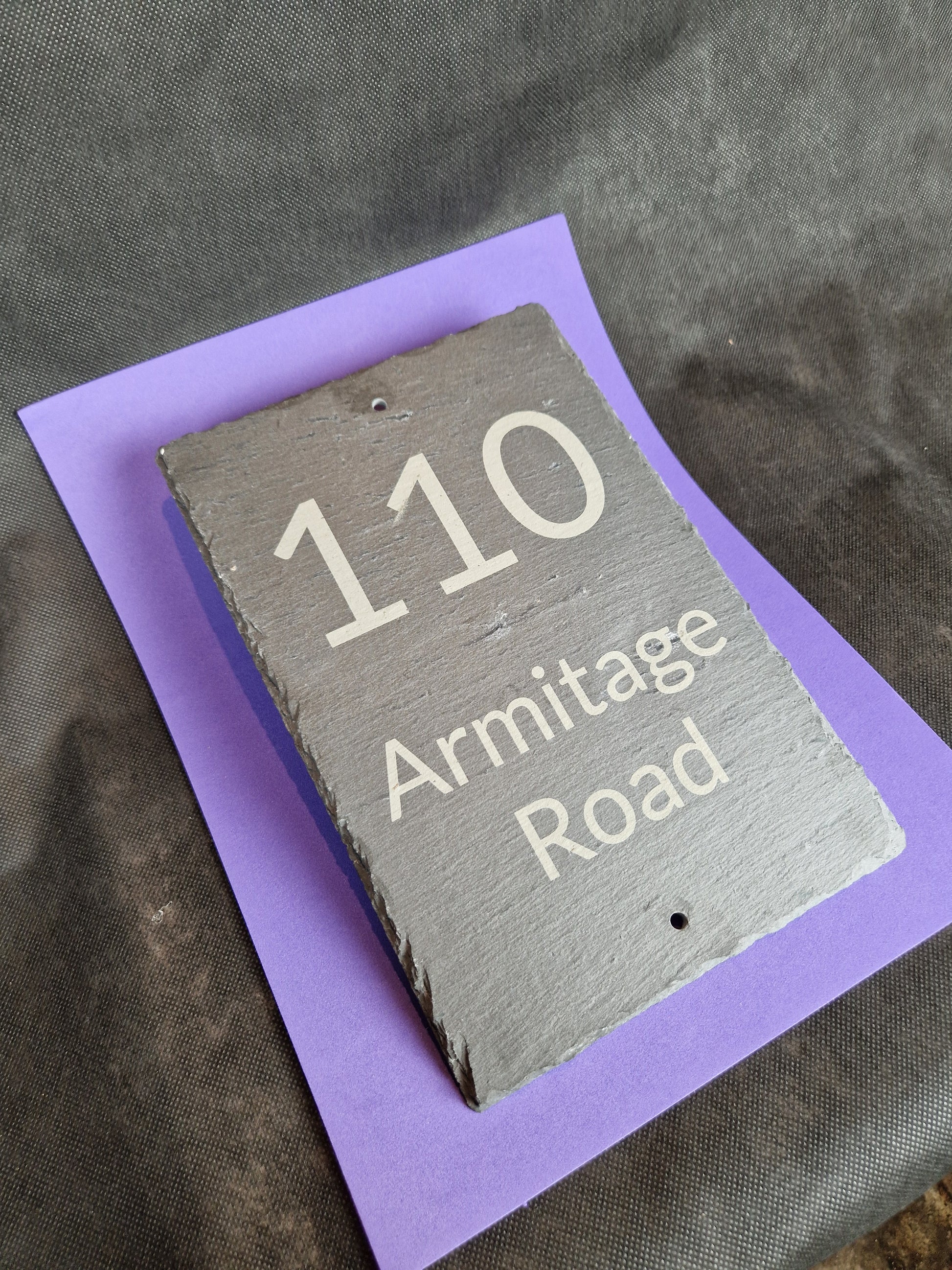 Black slate A4 house sign with custom laser engraved family name and house number