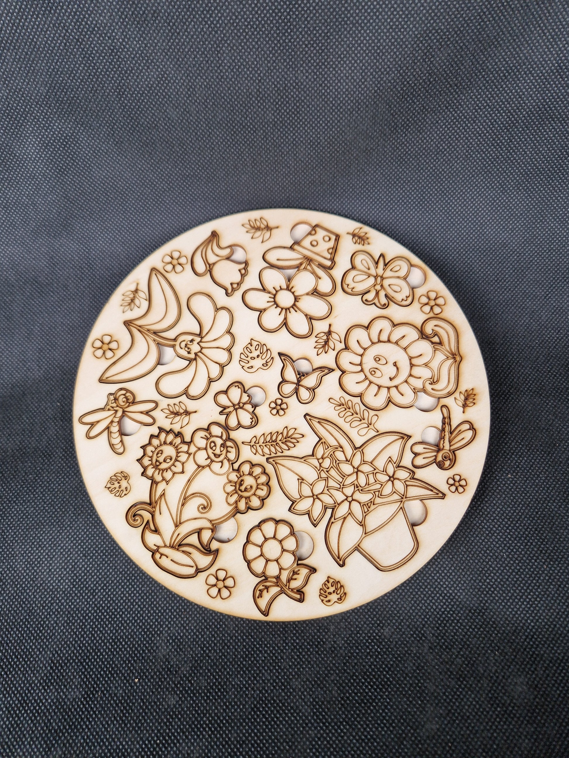 Wooden children's shape sorter puzzle laser cut and scored cartoon plant and butterfly design