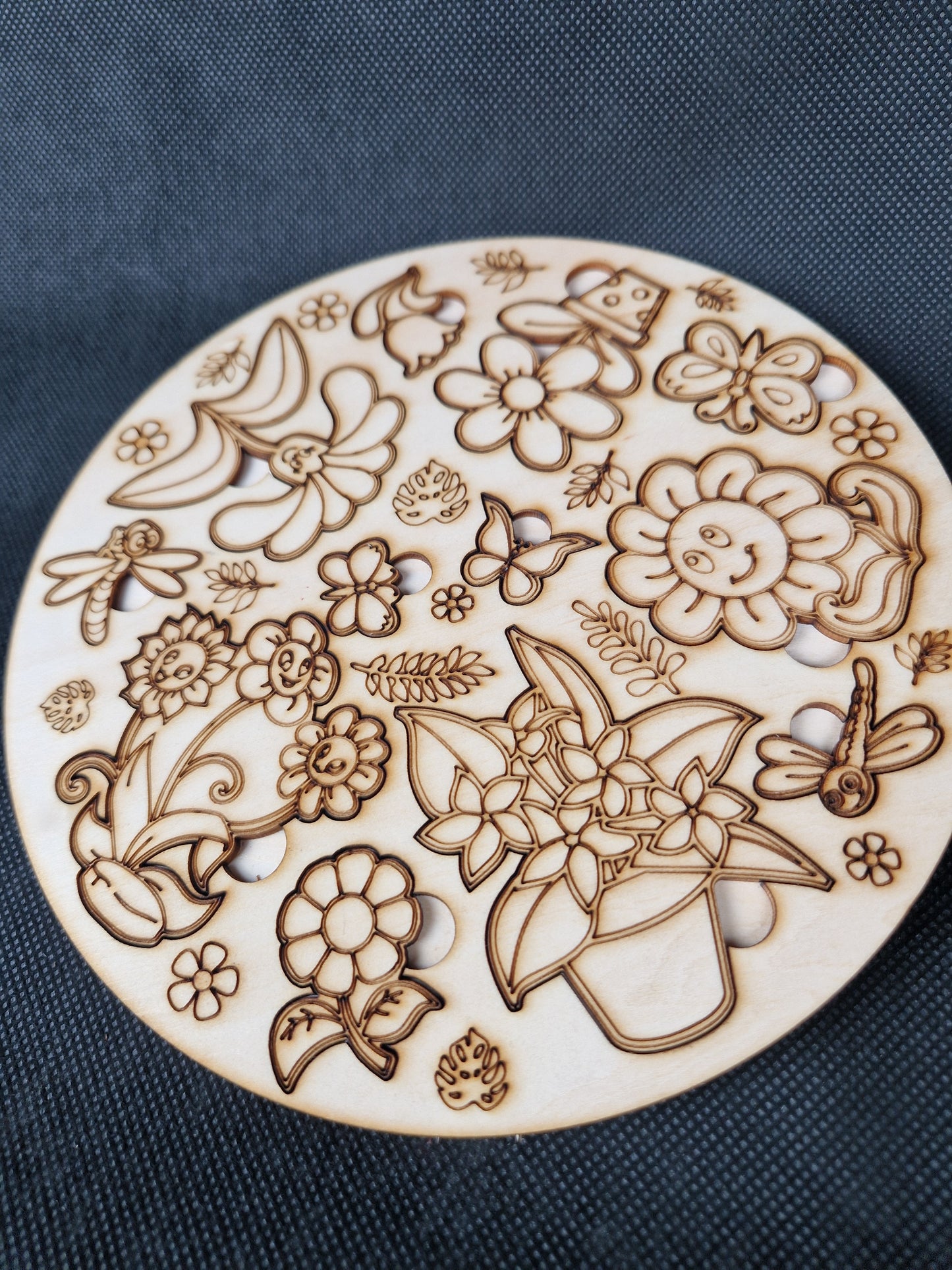 Wooden children's shape sorter puzzle laser cut and scored cartoon plant and butterfly design