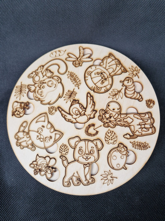 Wooden children's shape sorter puzzle laser cut and scored cartoon animal design