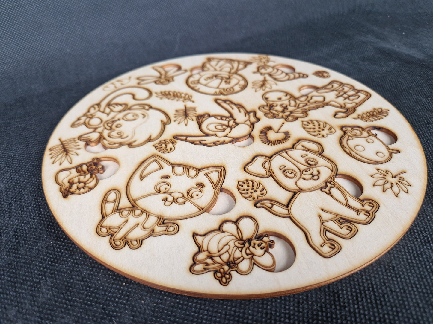 Wooden children's shape sorter puzzle laser cut and scored cartoon animal design