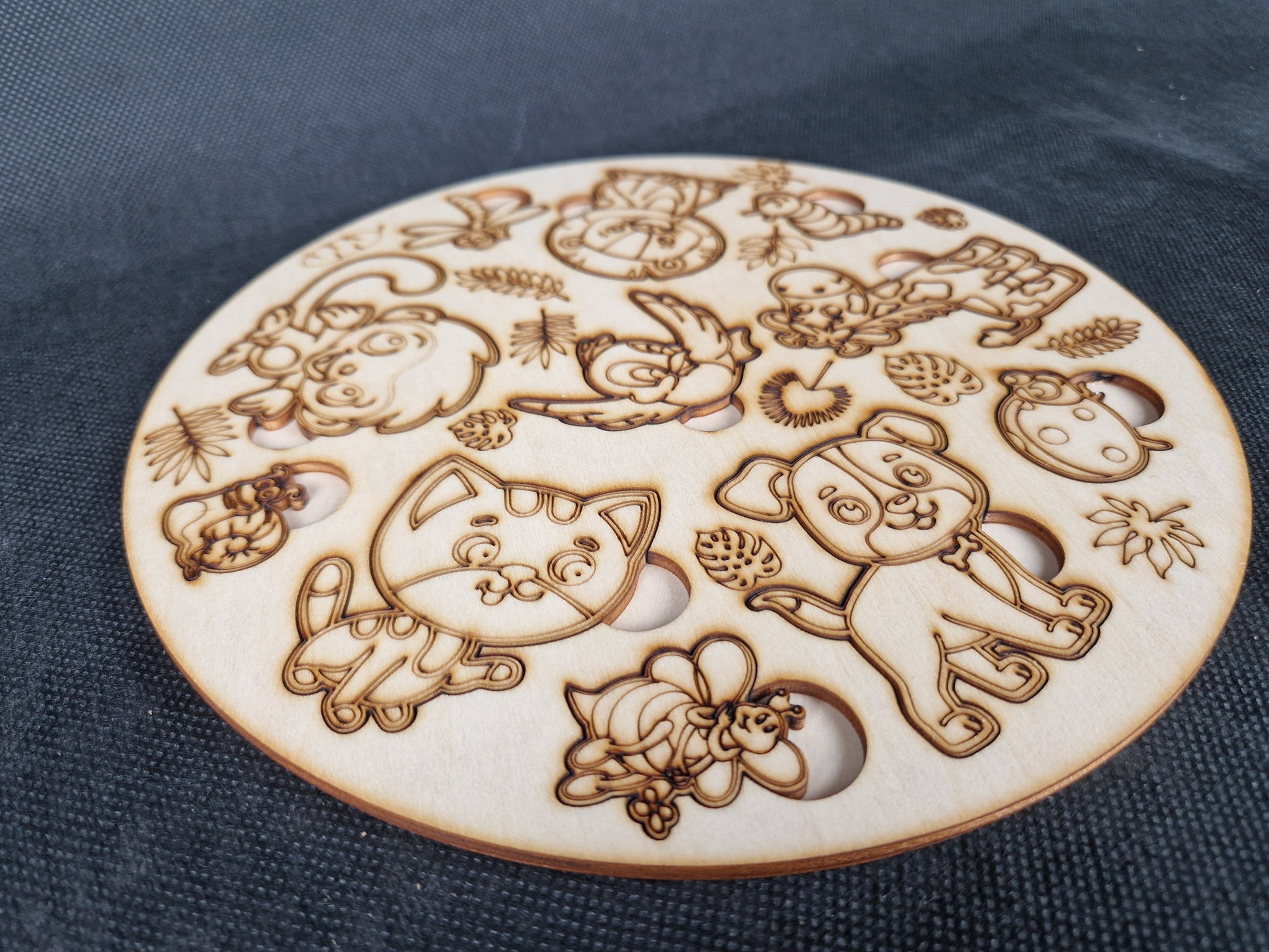 Wooden children's shape sorter puzzle laser cut and scored cartoon animal design