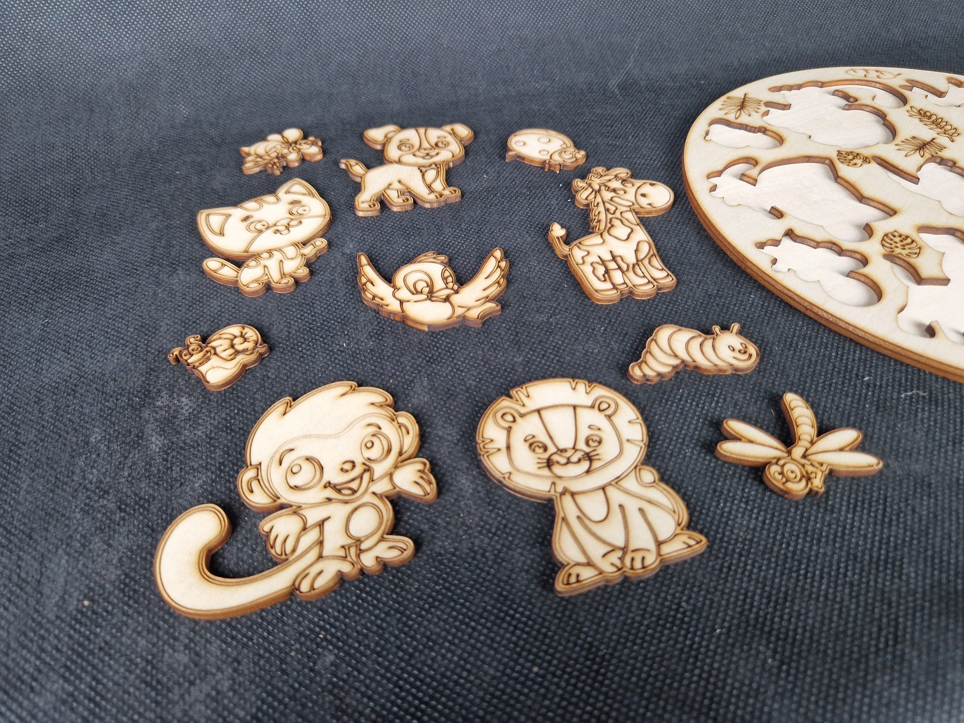 Wooden children's shape sorter puzzle laser cut and scored cartoon animal design