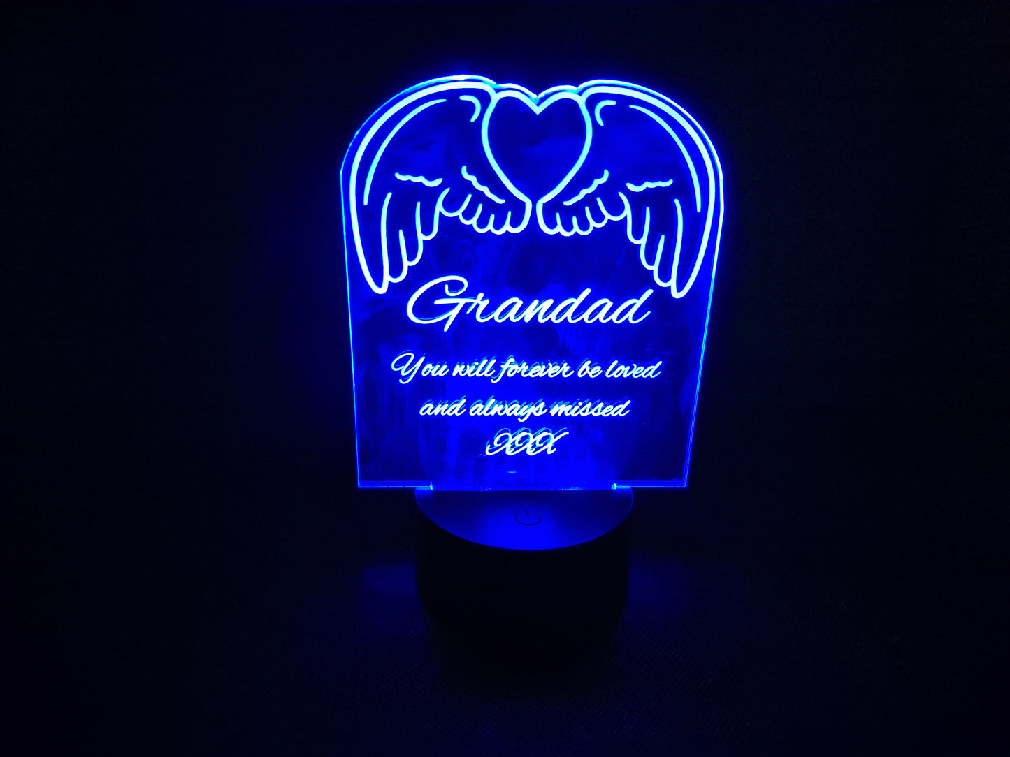 LED illuminated acrylic sign with custom laser engraved text and color-changing base