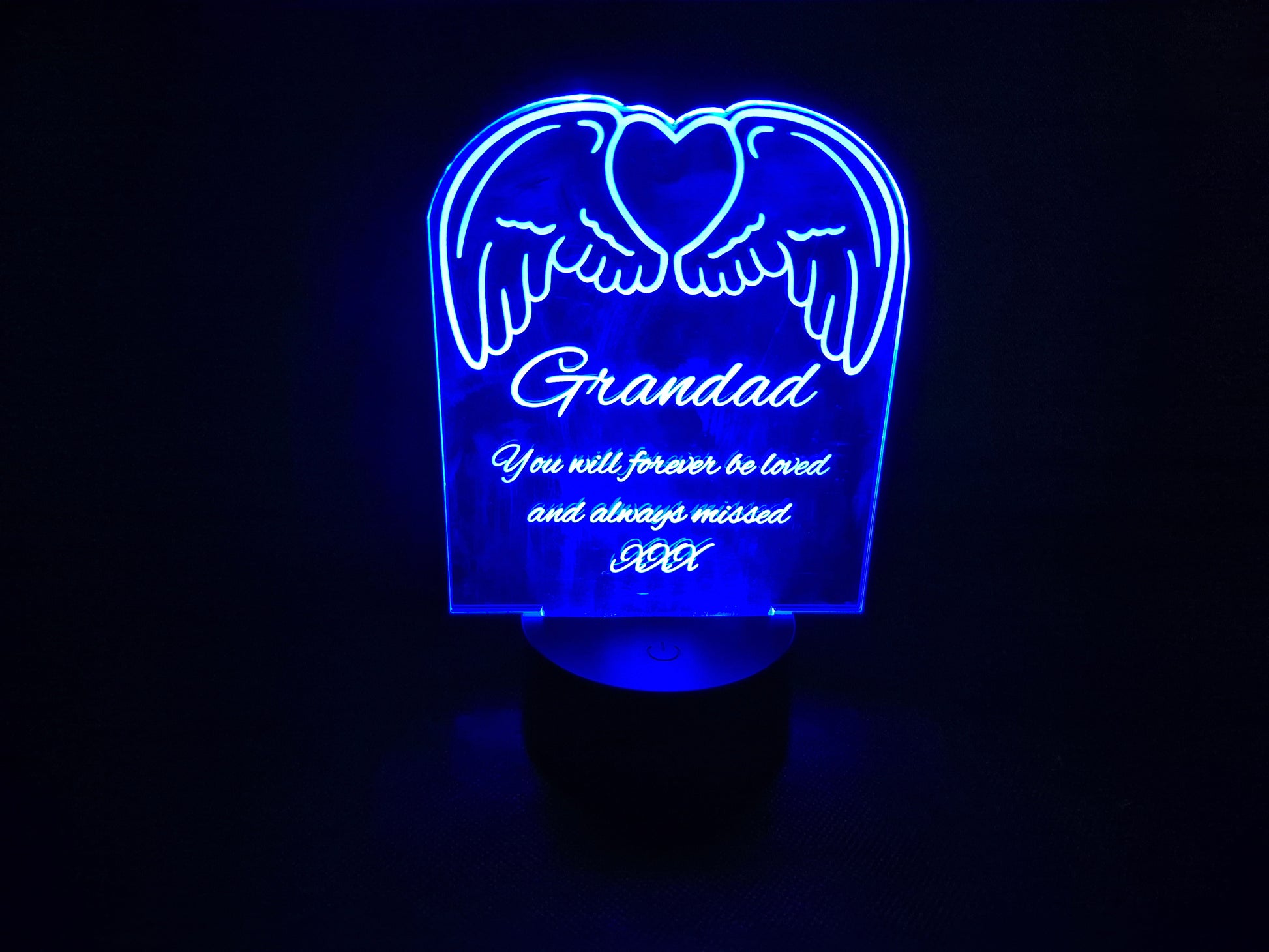 LED illuminated acrylic sign with custom laser engraved text and color-changing base