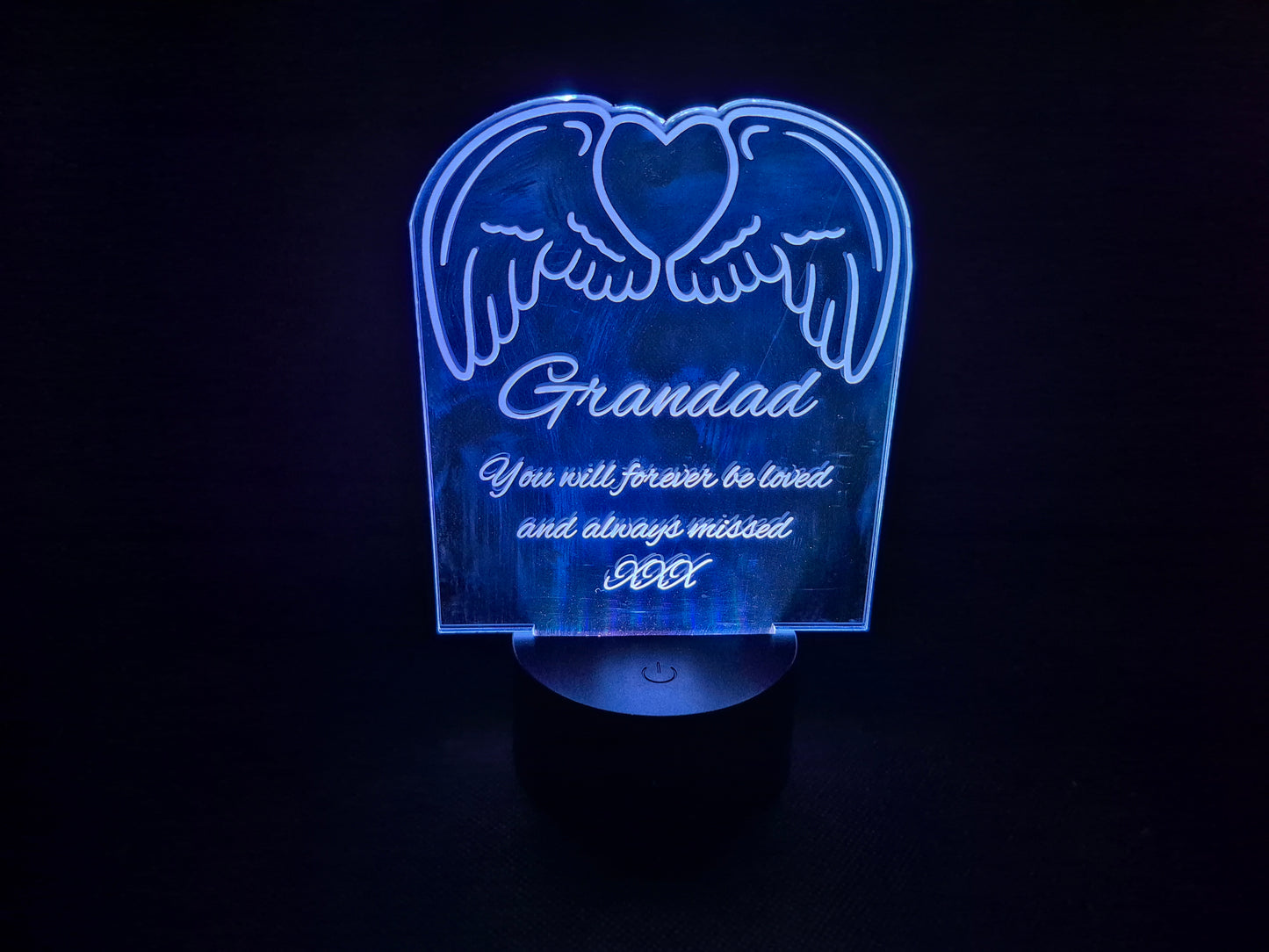 LED illuminated acrylic sign with custom laser engraved text and color-changing base
