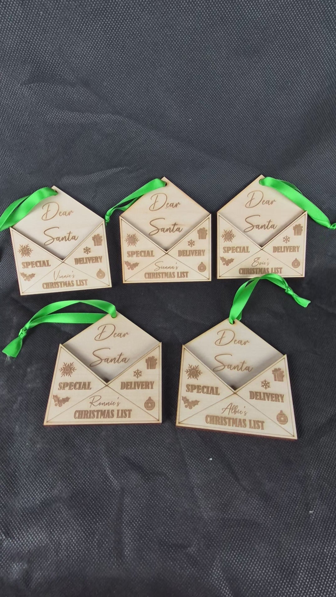 Wooden Christmas tree decoration with engraved festive letter to santa design and hanging ribbon