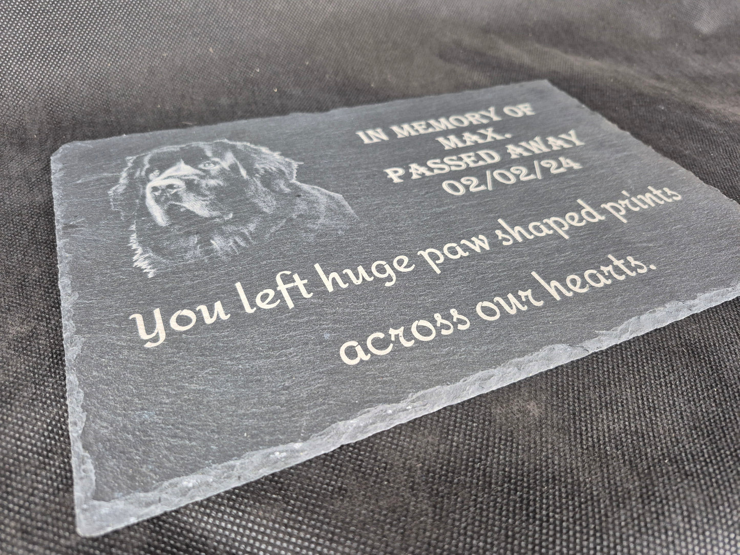 A4 slate pet memorial plaque with personalized laser engraved tribute and paw print design