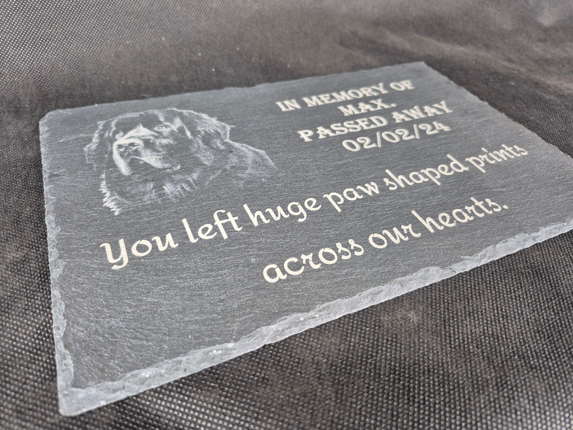 A4 slate pet memorial plaque with personalized laser engraved tribute and paw print design