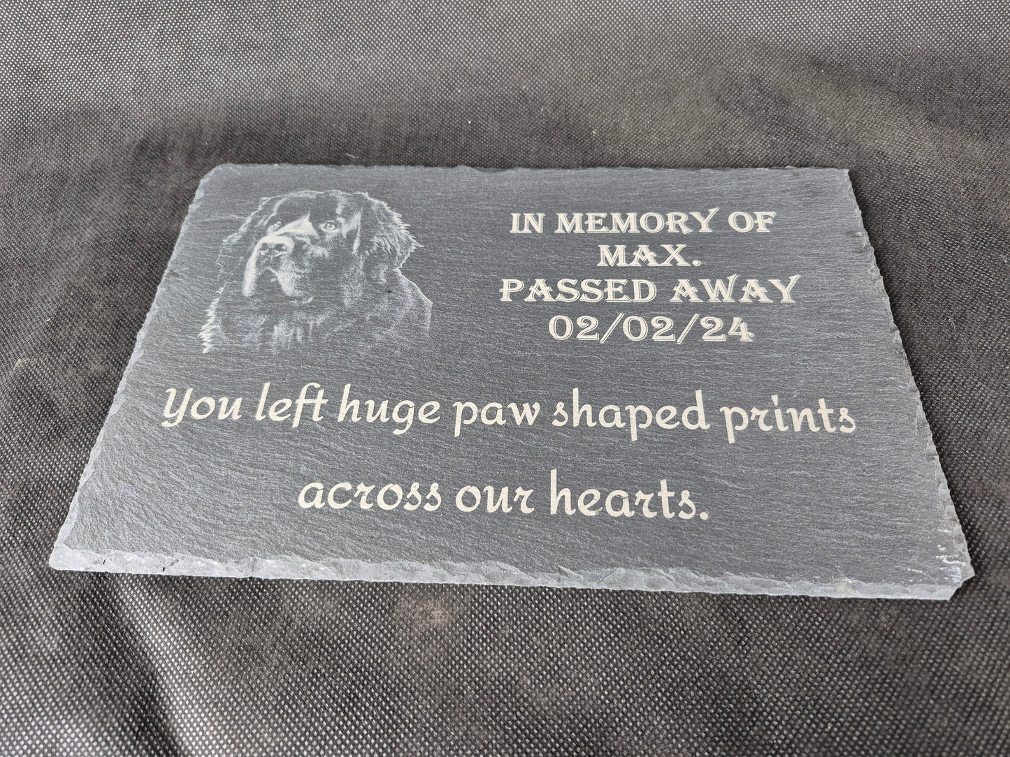 A4 slate pet memorial plaque with personalized laser engraved tribute and paw print design