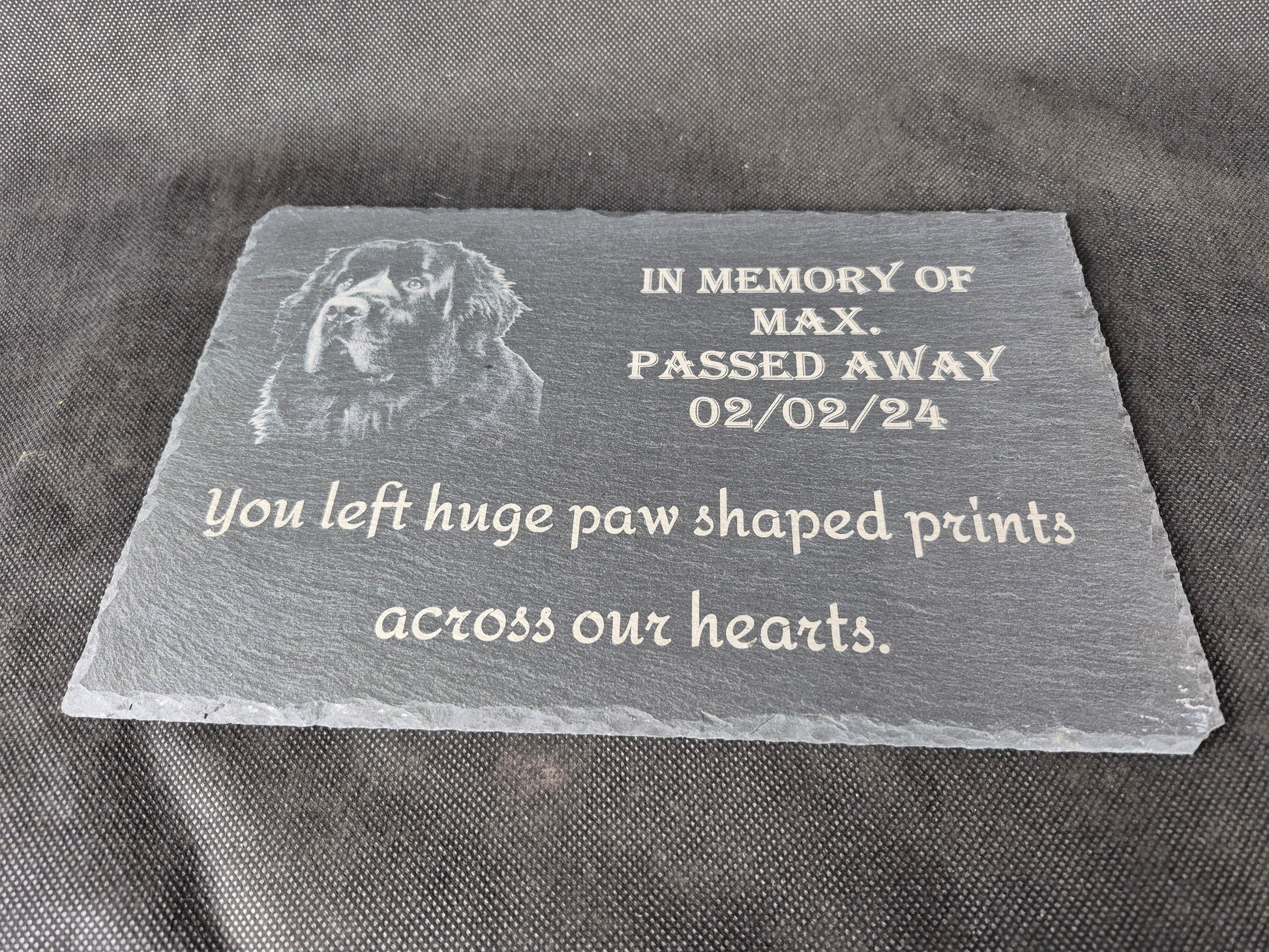 A4 slate pet memorial plaque with personalized laser engraved tribute and paw print design