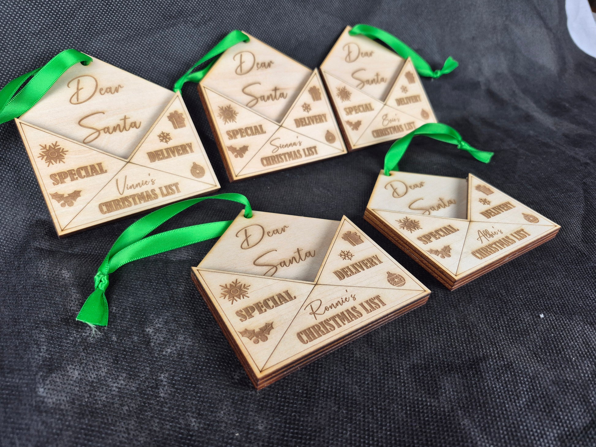 Wooden Christmas tree decoration with engraved festive letter to santa design and hanging ribbon