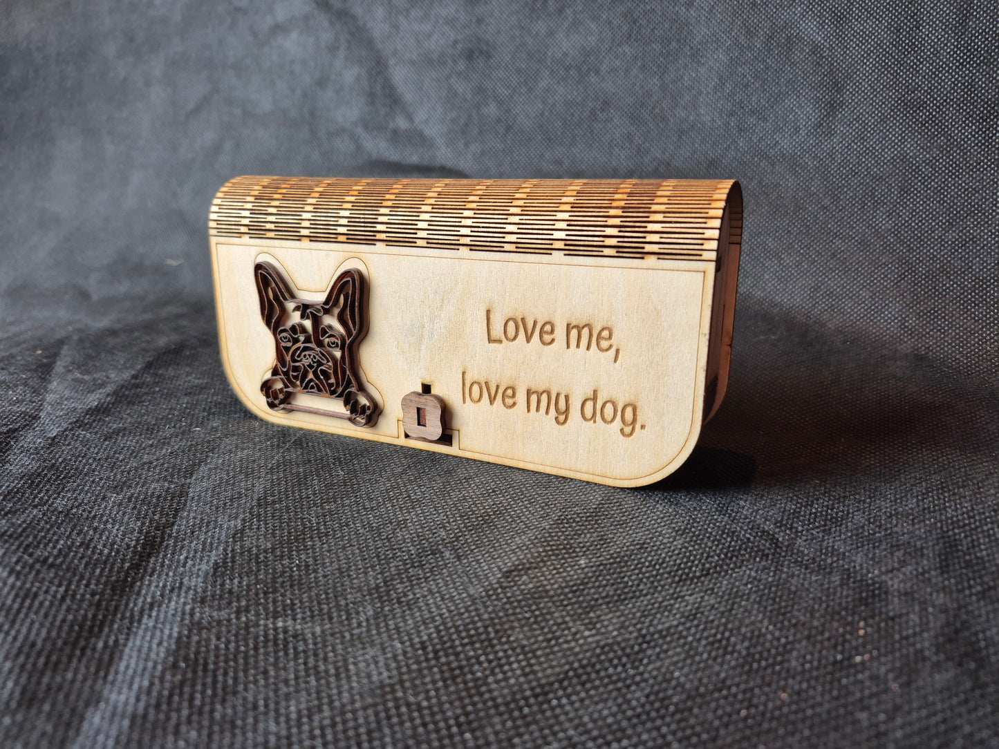 Custom wooden glasses case with flexible living hinge and personalized laser engraving