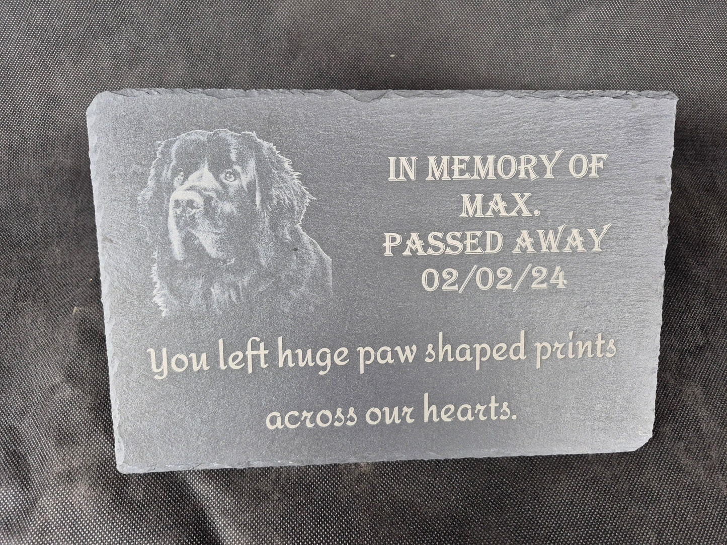 A4 slate pet memorial plaque with personalized laser engraved tribute and paw print design