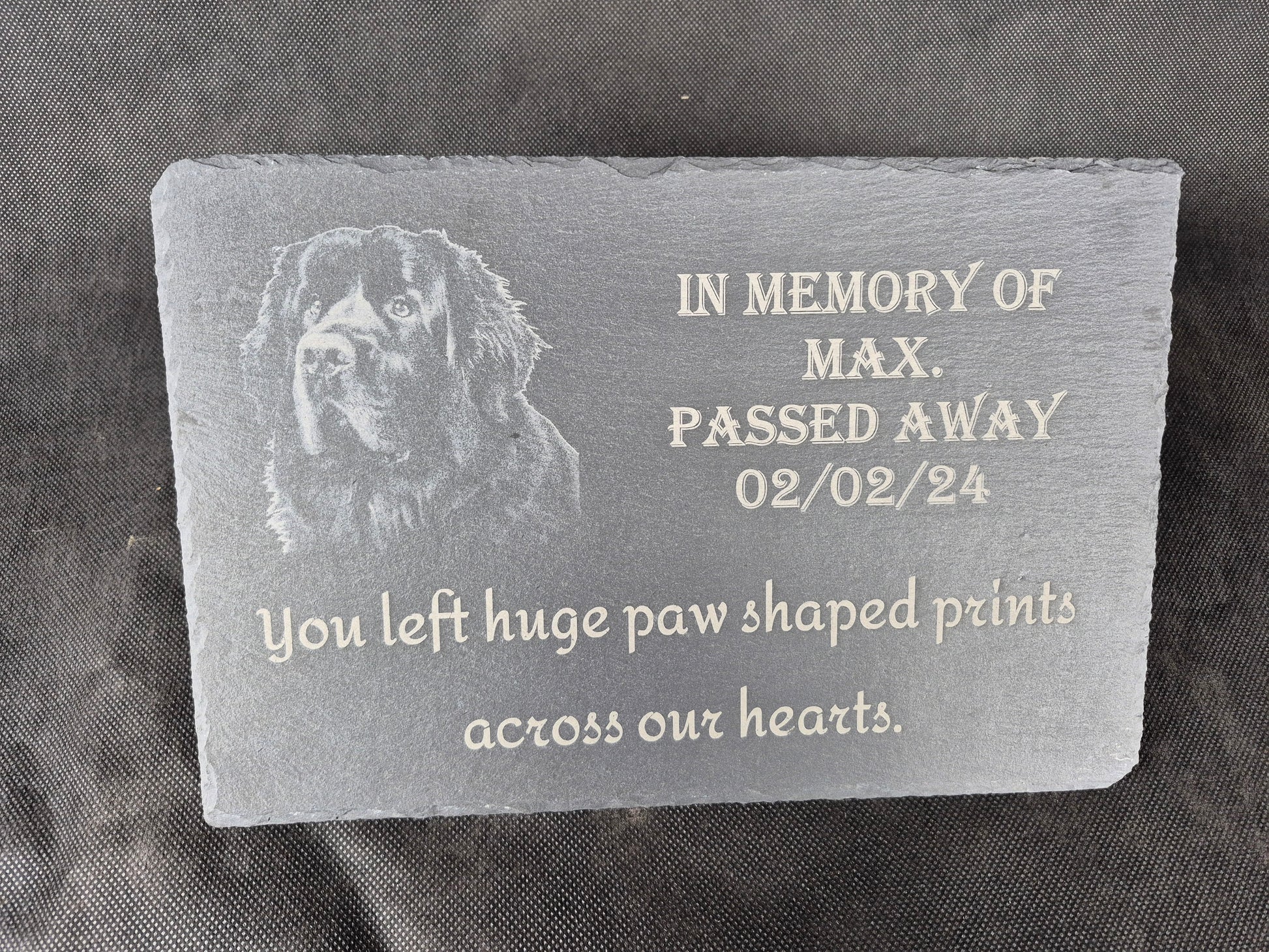 A4 slate pet memorial plaque with personalized laser engraved tribute and paw print design