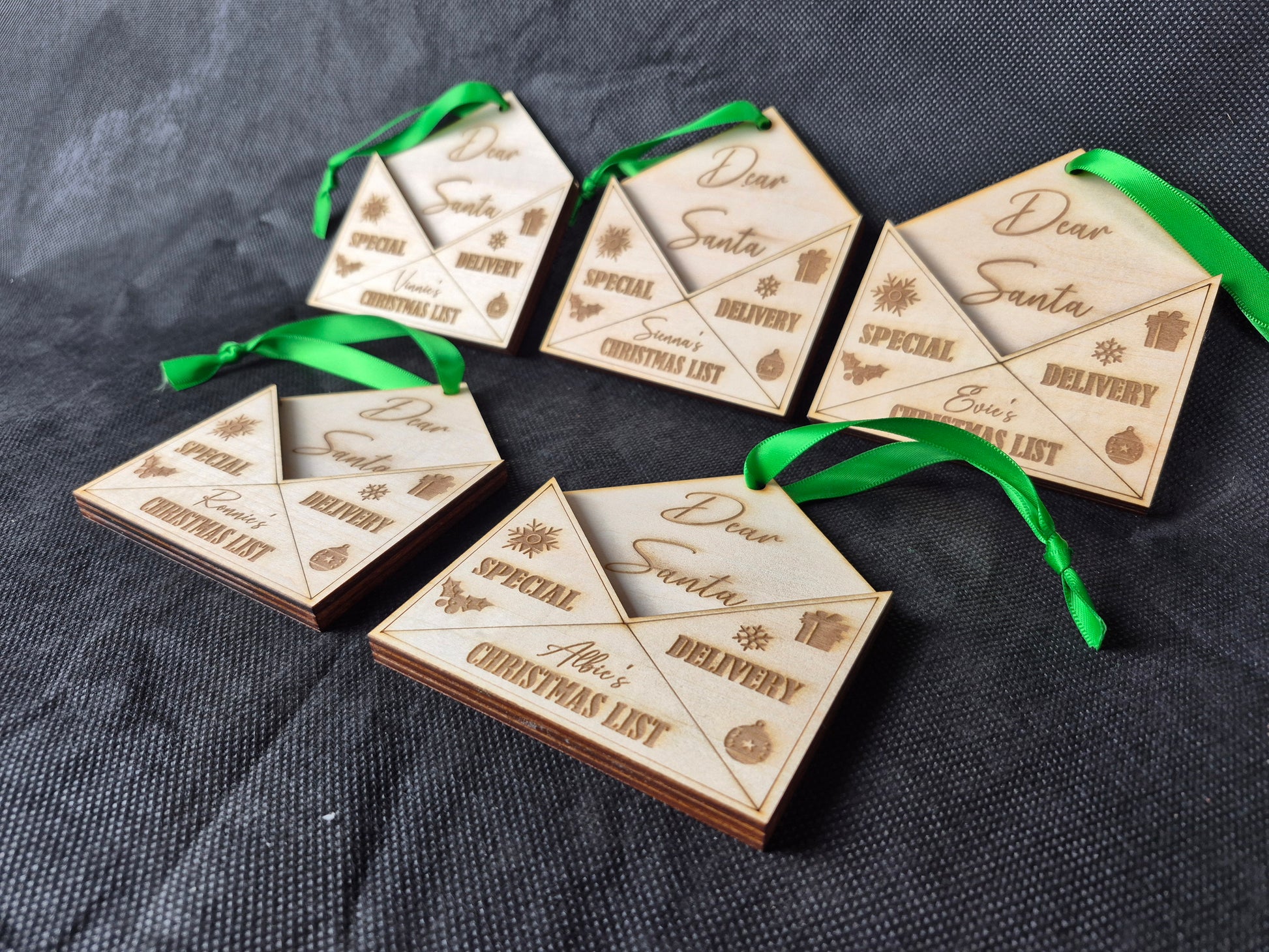 Wooden Christmas tree decoration with engraved festive letter to santa design and hanging ribbon