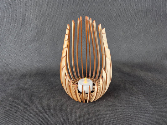 Modern wooden tea light holder with laser cut droplet geometric pattern design