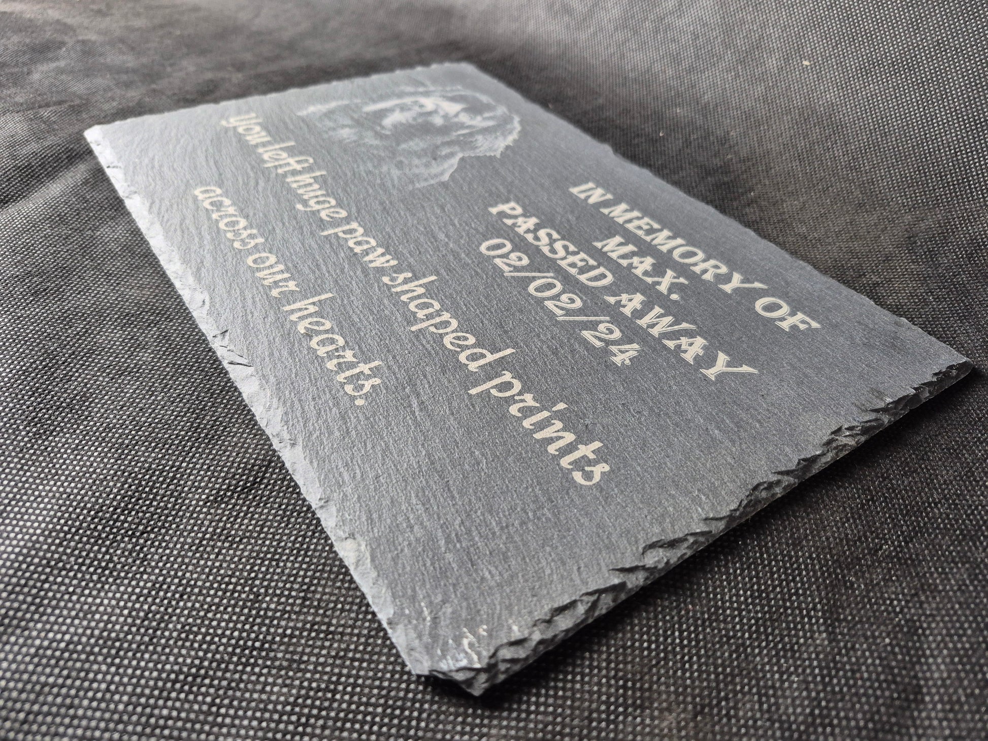 A4 slate pet memorial plaque with personalized laser engraved tribute and paw print design