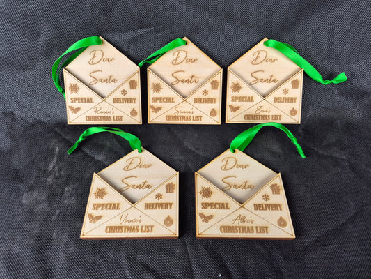 Wooden Christmas tree decoration with engraved festive letter to santa design and hanging ribbon