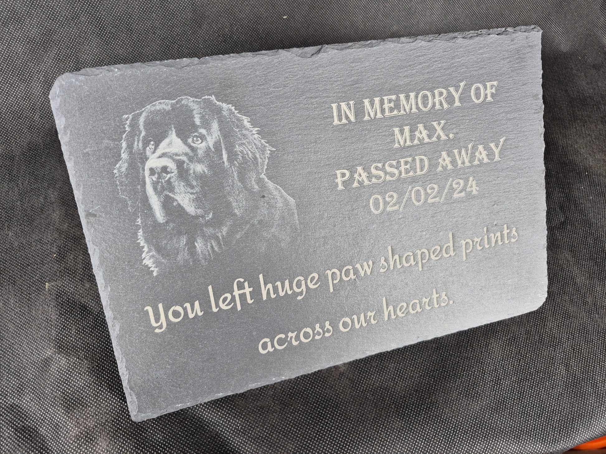 A4 slate pet memorial plaque with personalized laser engraved tribute and paw print design