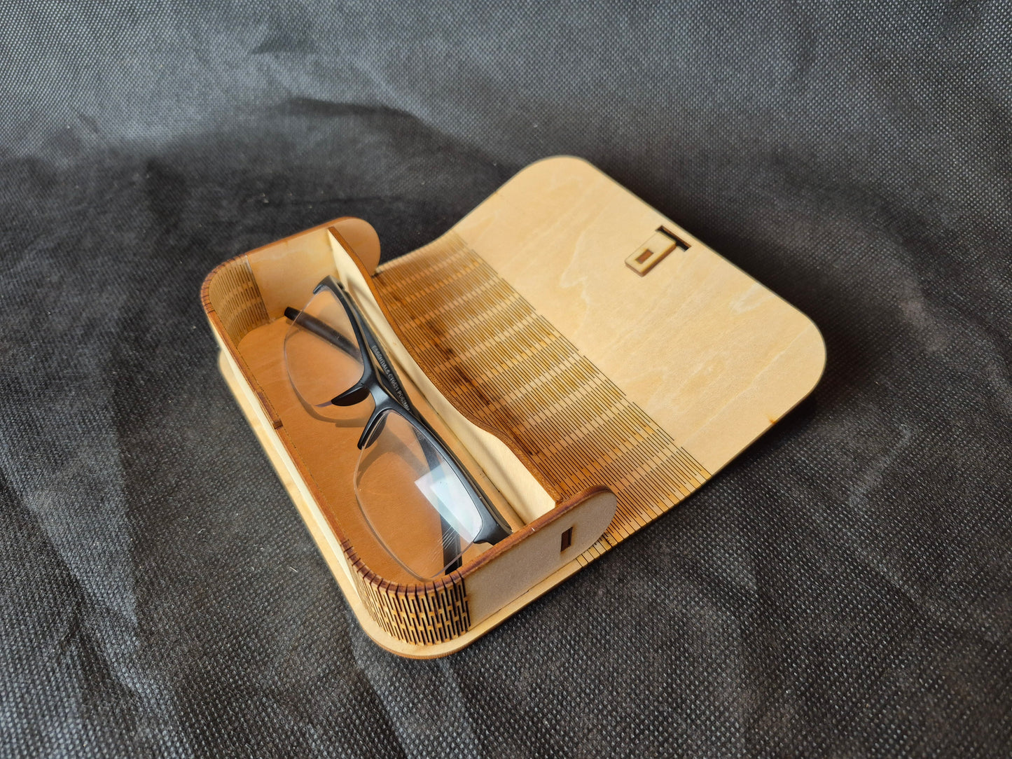 Custom wooden glasses case with flexible living hinge and personalized laser engraving