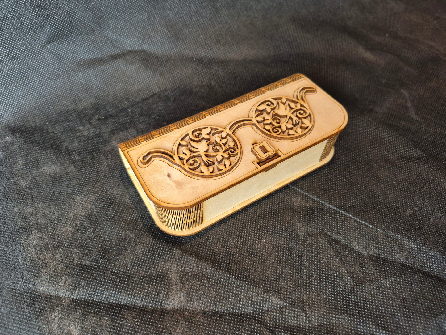 Custom wooden glasses case with flexible living hinge and personalized laser engraving