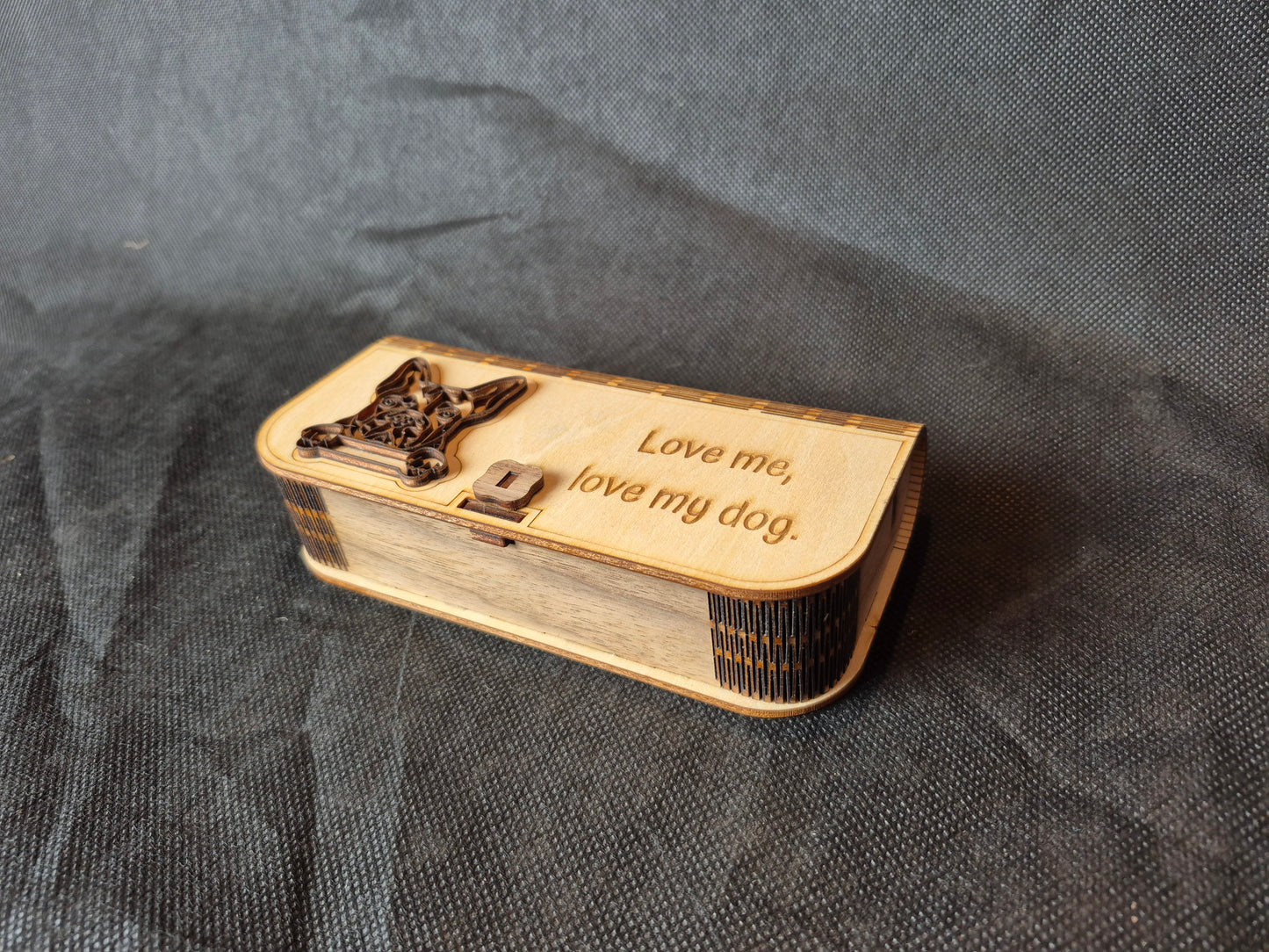 Custom wooden glasses case with flexible living hinge and personalized laser engraving