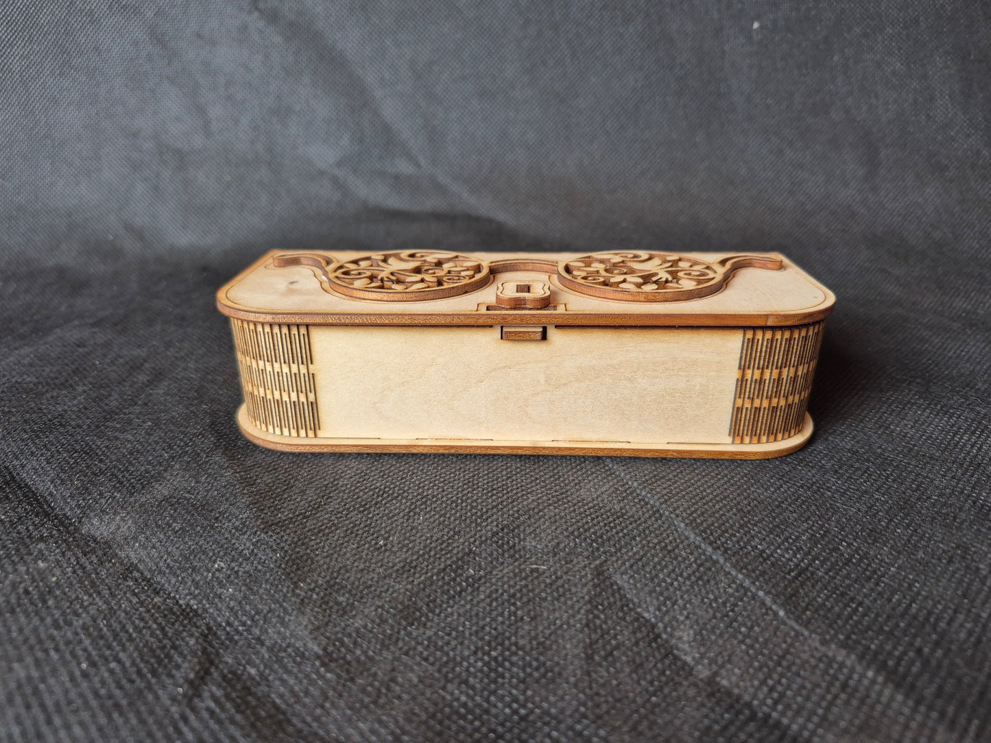 Custom wooden glasses case with flexible living hinge and personalized laser engraving