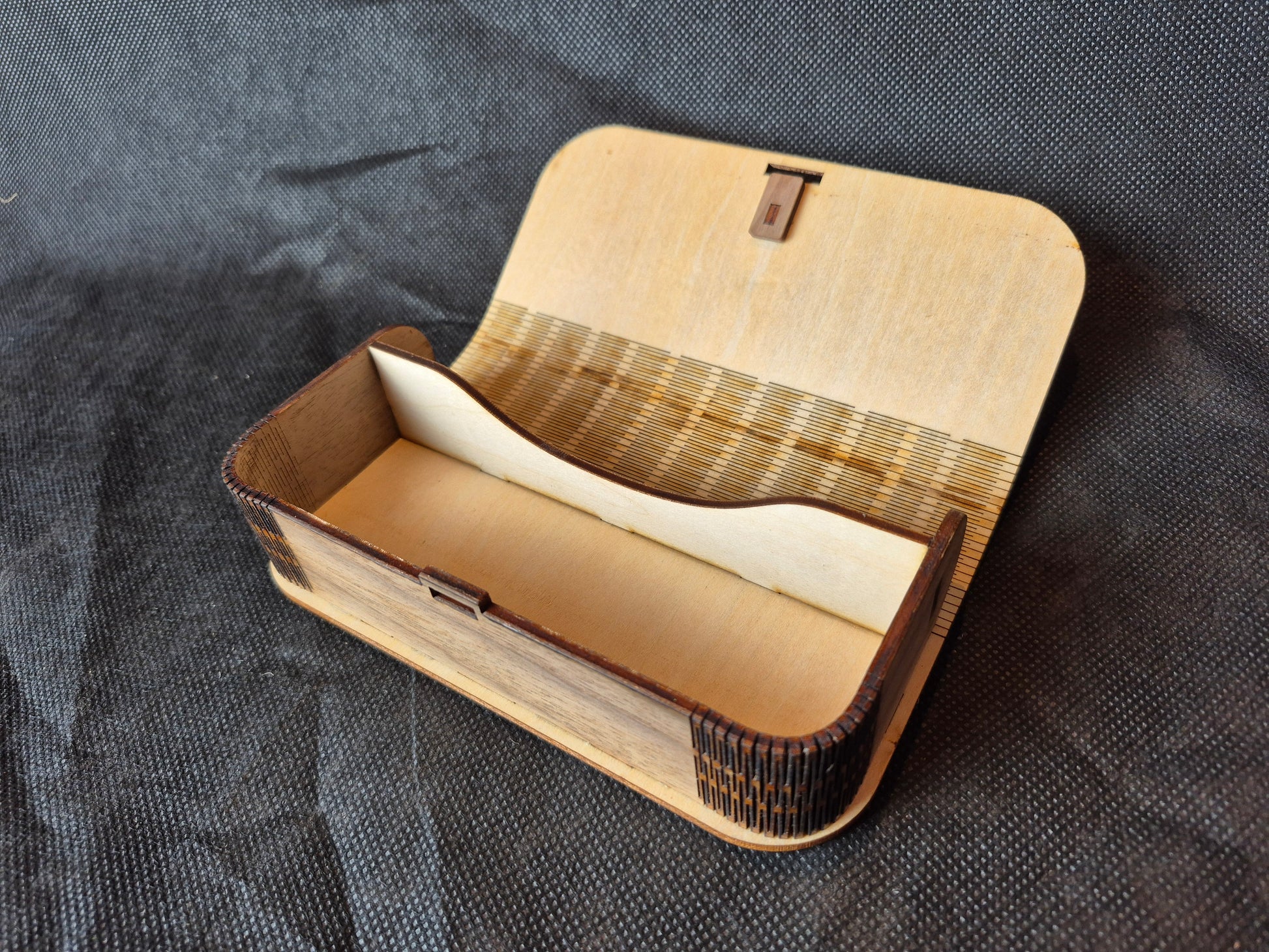 Custom wooden glasses case with flexible living hinge and personalized laser engraving