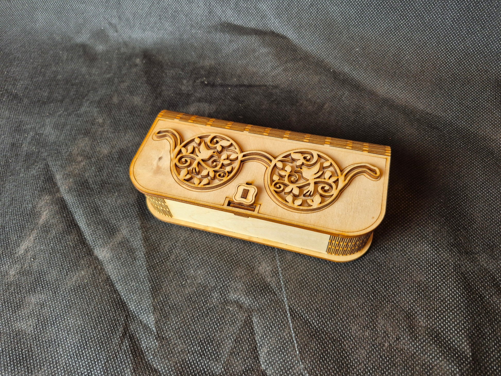 Custom wooden glasses case with flexible living hinge and personalized laser engraving