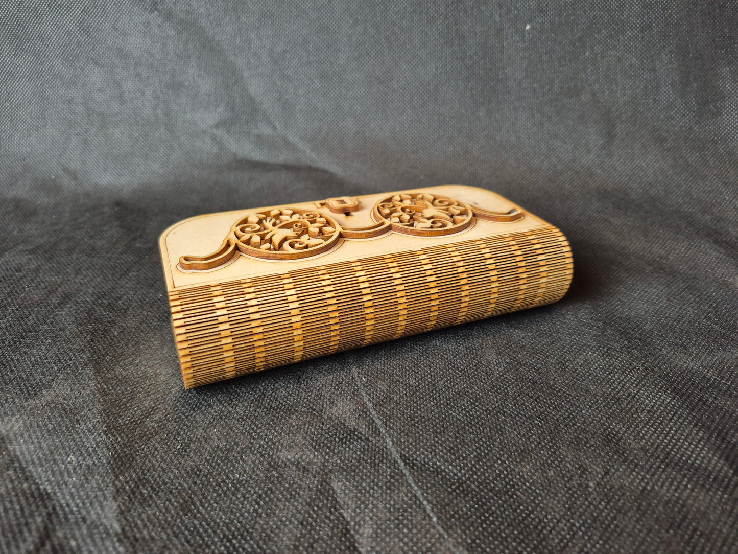 Custom wooden glasses case with flexible living hinge and personalized laser engraving