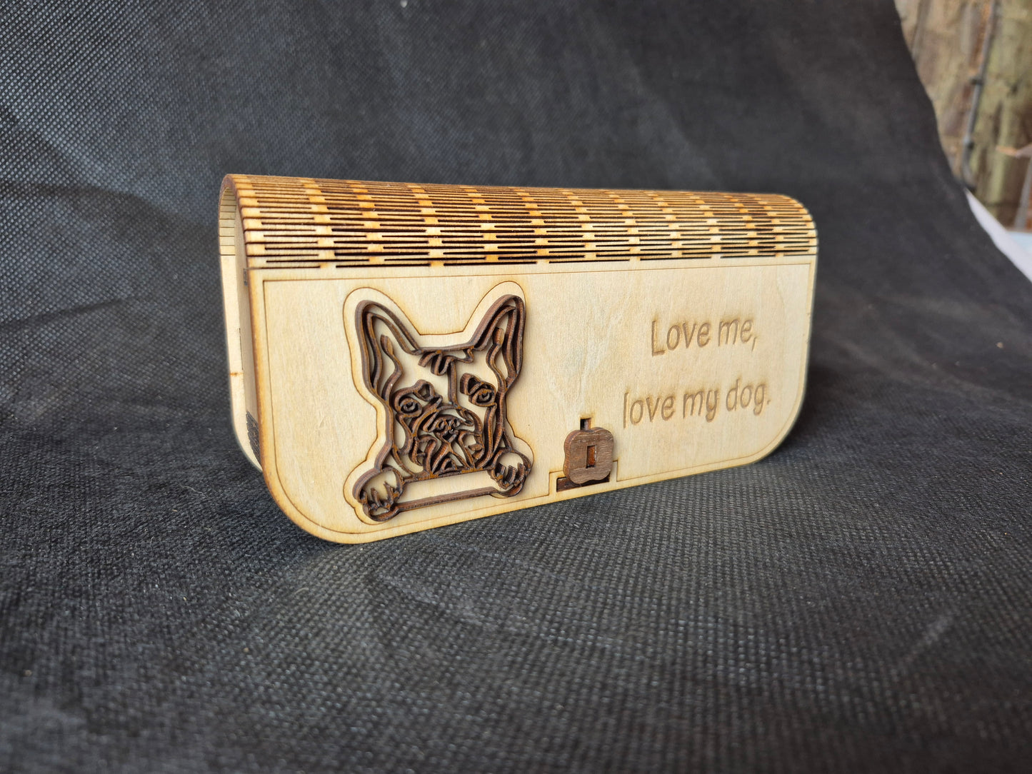 Custom wooden glasses case with flexible living hinge and personalized laser engraving