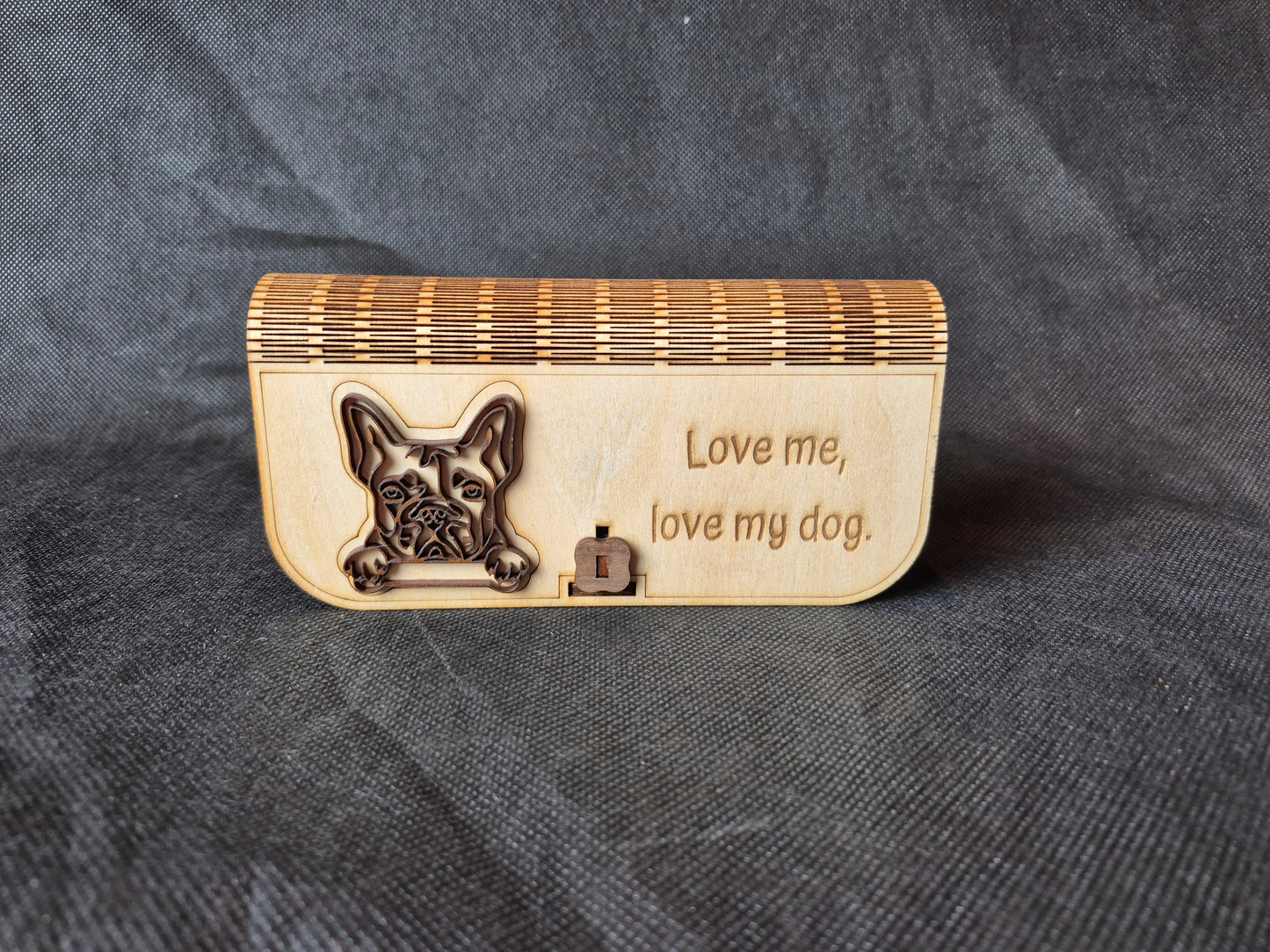 Custom wooden glasses case with flexible living hinge and personalized laser engraving